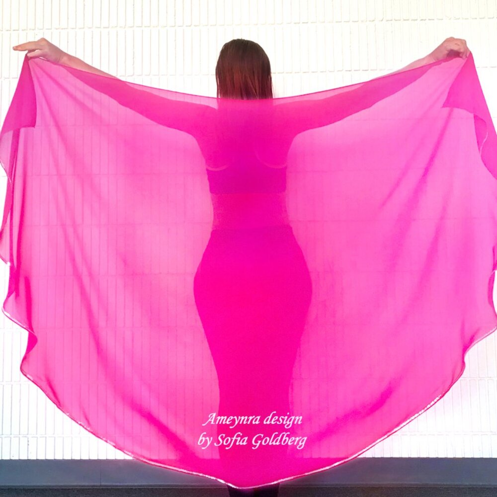 Dark Pink Chiffon Veil for Belly Dance. With silver sequins! Half Circle. New